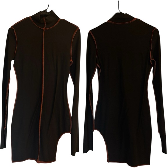 NWOT black long sleeve orange contrast cut out mockneck goth bodycon mini dress - Picture 7 of 7